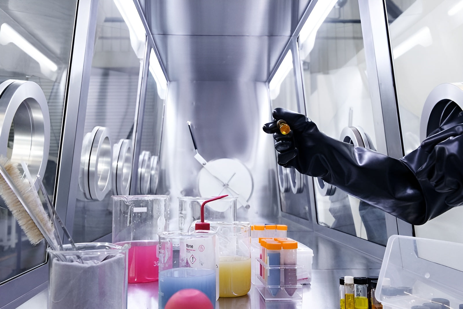 A Glove inside a metal Isolation Glove Box with chemicals and lab equipment